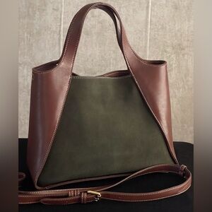 J.McLaughlin Brielle OliveGreen Suede/Brn Leather Crossbody Satchel Tote Handbag